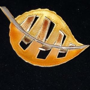 Mid-century Sterling Enamel Autumnal Leaf Brooch Handmade Cutout 1970's